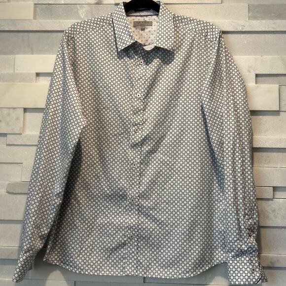 TED BAKER Sanlon Long Sleeve Diamond-print Fitted White 100% Cotton Shirt L/4 - Picture 2 of 6